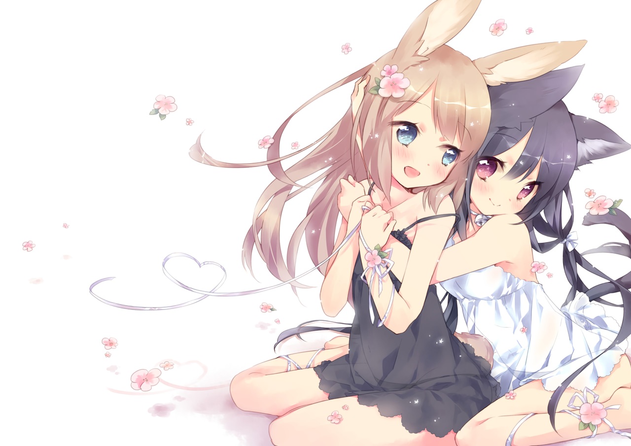 2girls, animal_ears, barefoot, bell, black_hair, blonde_hair, blue_eyes, blush