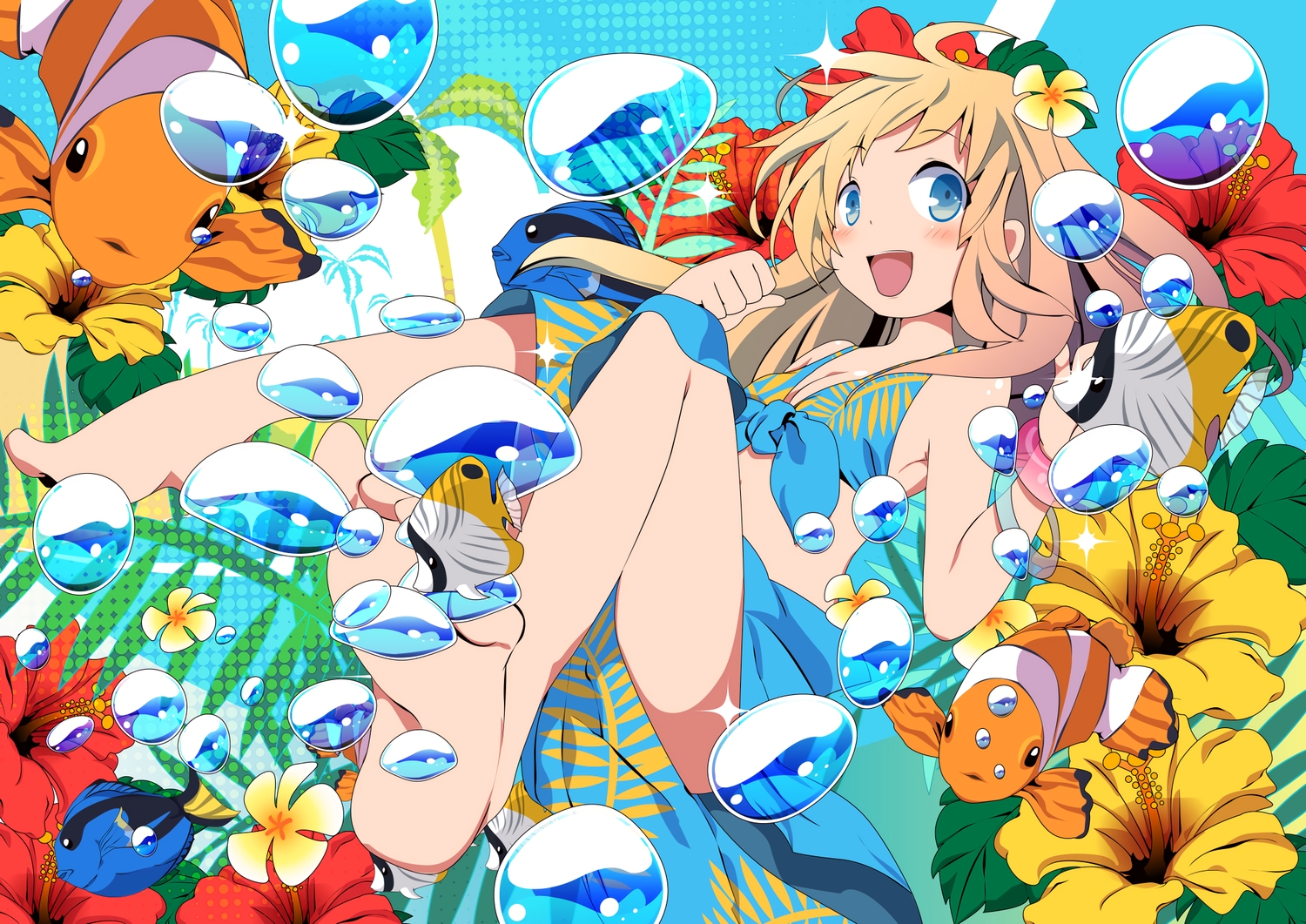 animal, barefoot, bikini, blonde_hair, blue_eyes, bubbles, fish, flowers