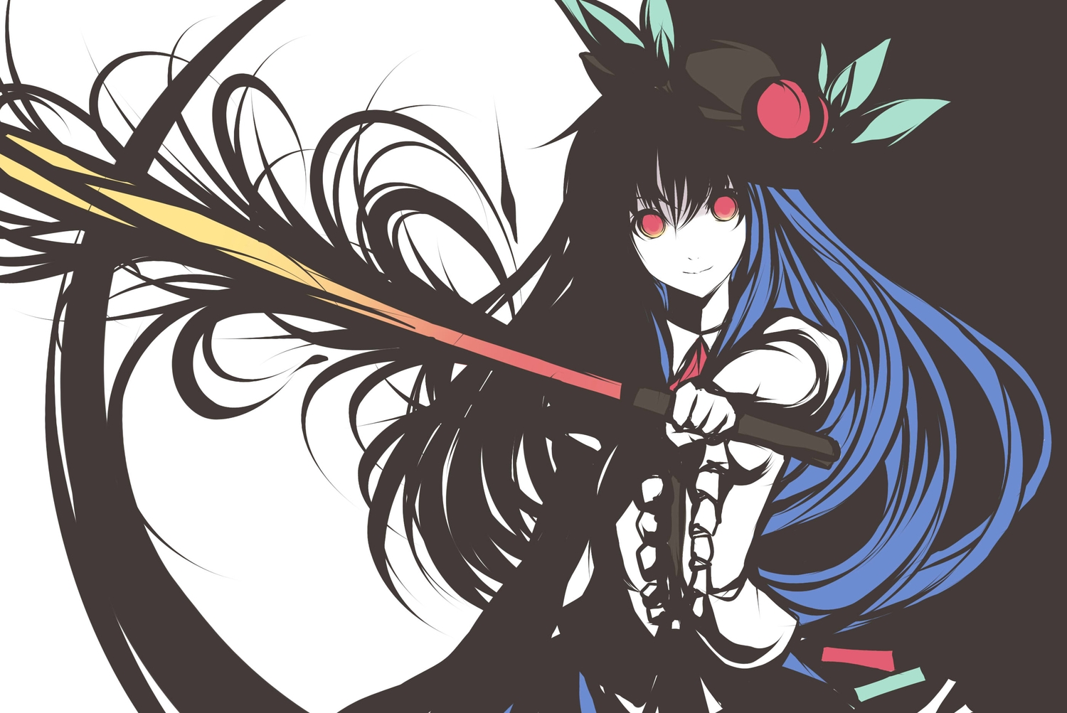 blue_hair, faefaea, food, fruit, hat, hinanawi_tenshi, leaves, long_hair