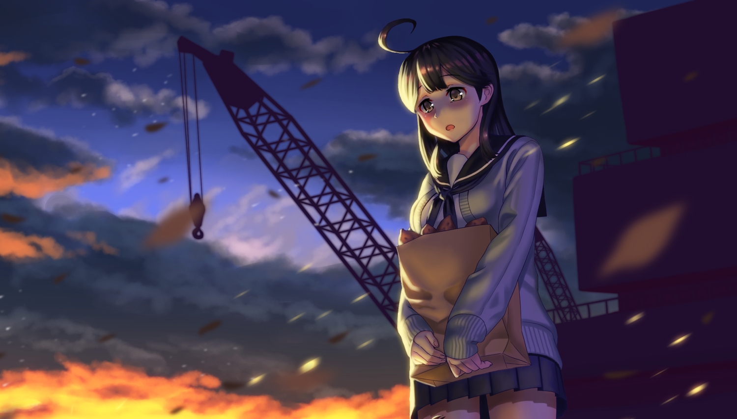 anthropomorphism, black_hair, brown_eyes, building, clouds, dark, food, industrial