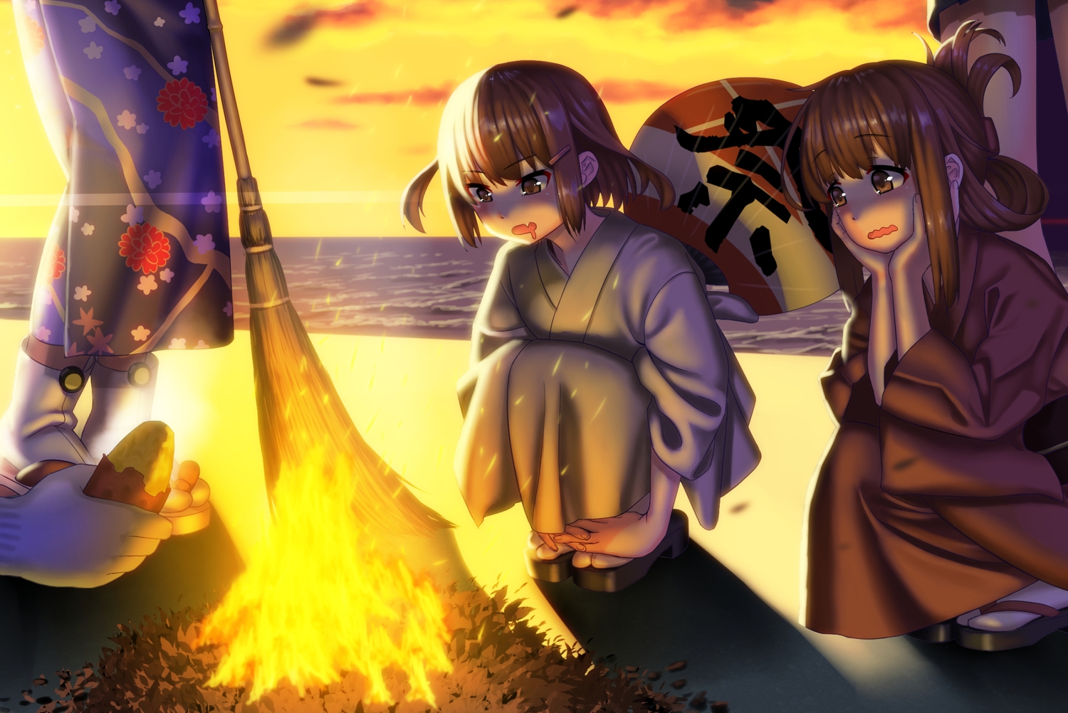 anthropomorphism, beach, brown_eyes, brown_hair, chitose_(kancolle), chiyoda_(kancolle), clouds, fire