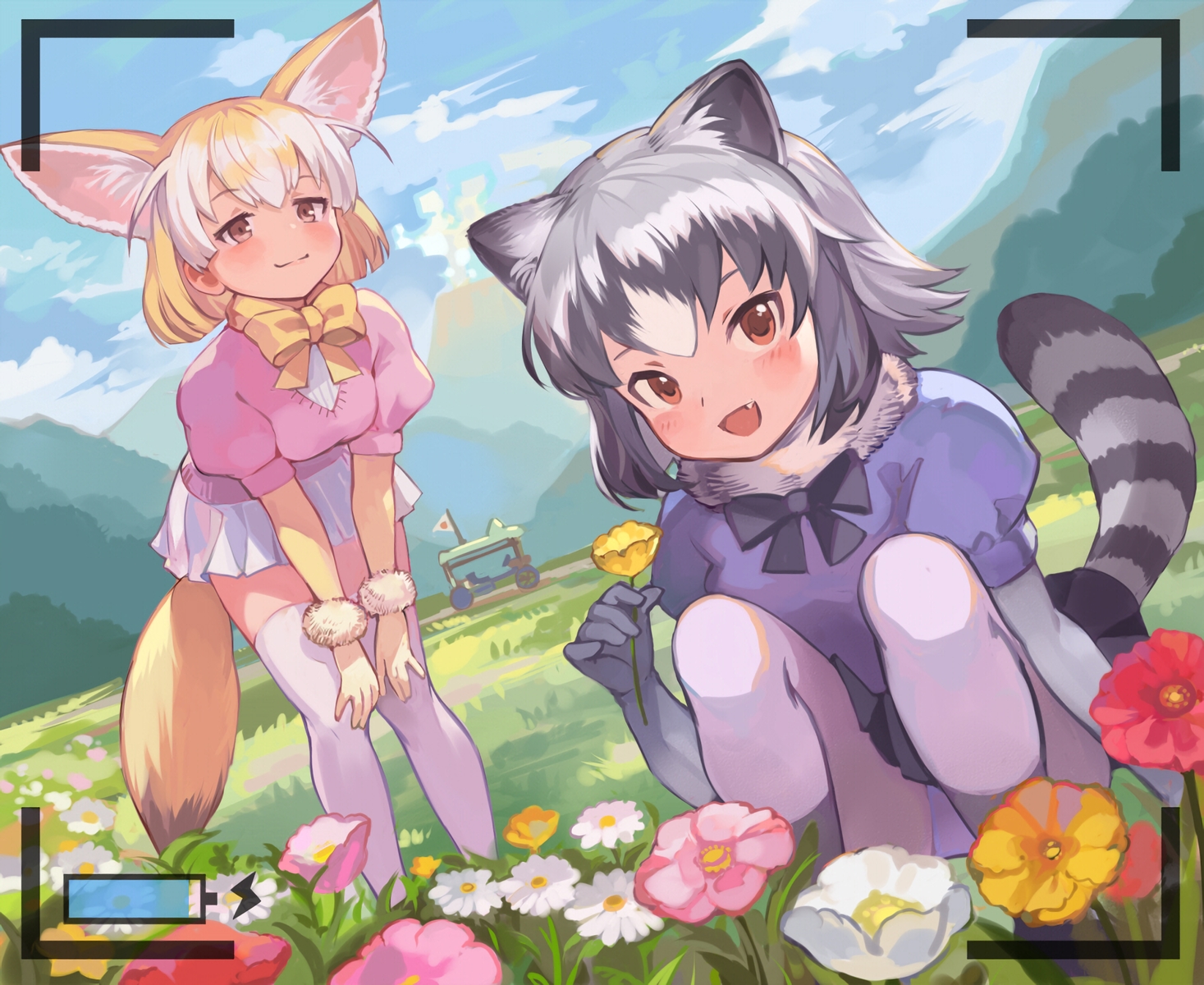 2girls, animal_ears, anthropomorphism, blonde_hair, bow, brown_eyes, camera, common_raccoon_(kemono_friends)