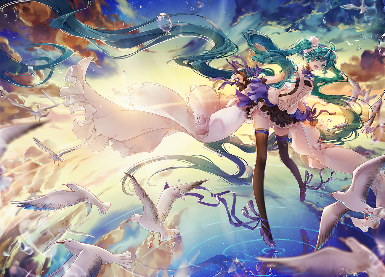 7th_dragon_2020, animal, aqua_eyes, aqua_hair, bird, bubbles, clouds, cpkon
