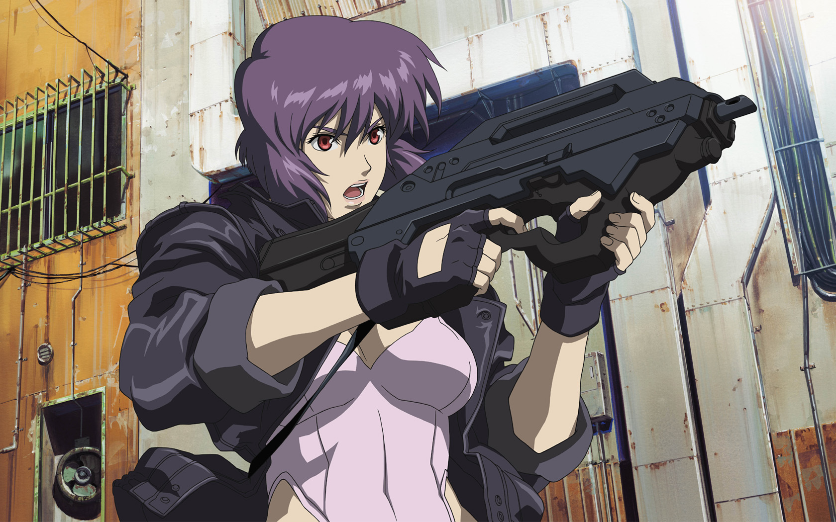 ghost_in_the_shell, gun, kusanagi_motoko, red_eyes, weapon