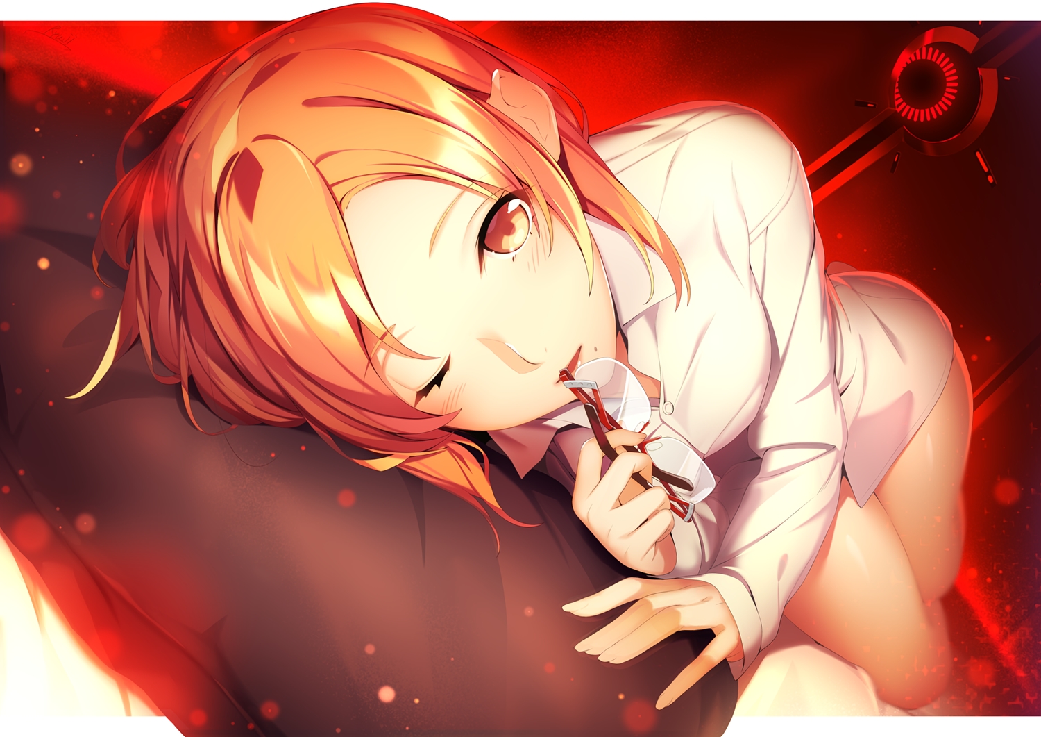 blush, breasts, glasses, orange_eyes, orange_hair, original, shoken_narai, short_hair, waifu2x, wink