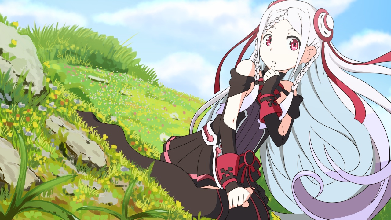 braids, grass, gray_hair, long_hair, red_eyes, ribbons, servachok, shigemura_yuuna