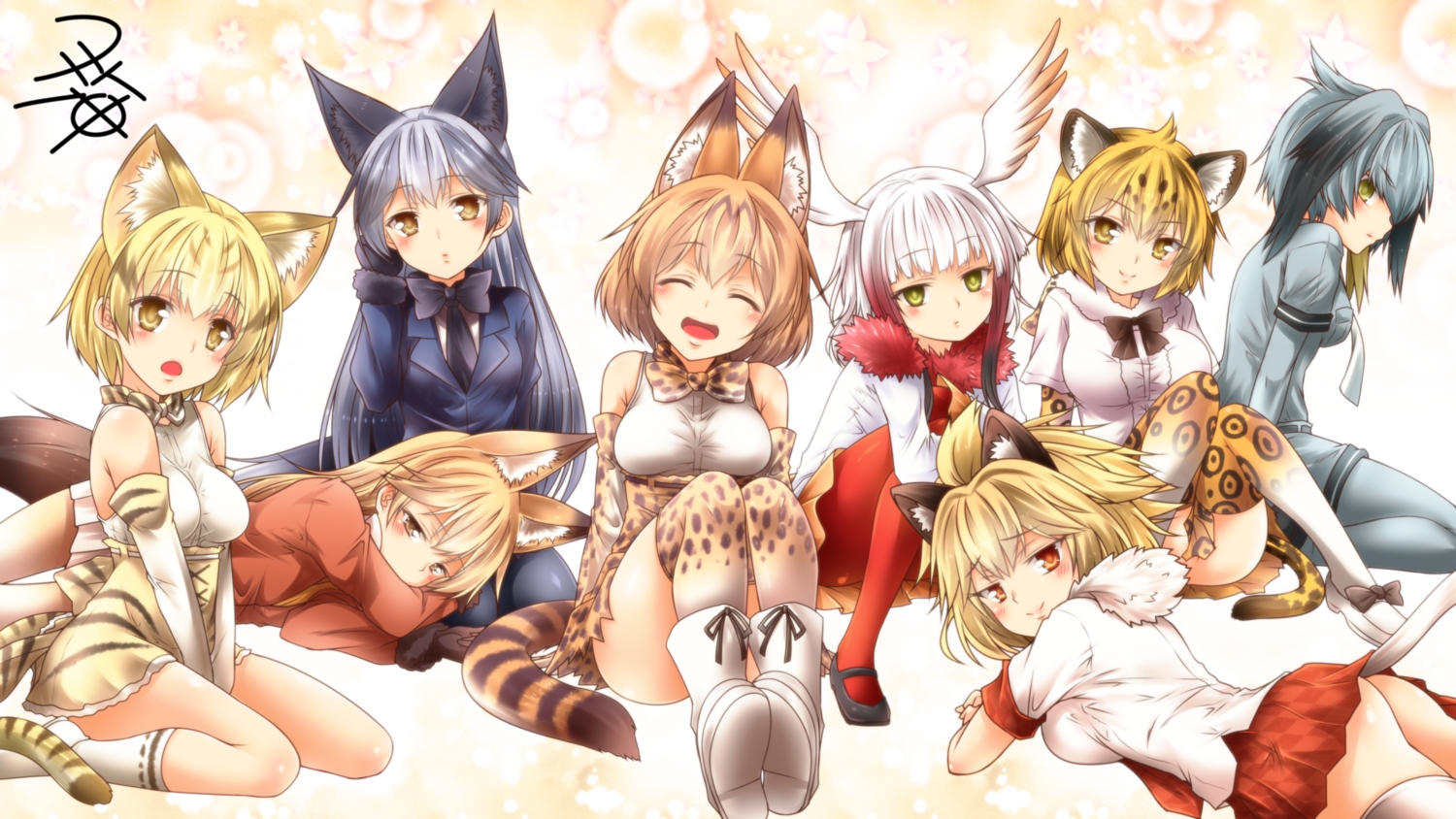 animal_ears, anthropomorphism, catgirl, crested_ibis_(kemono_friends), foxgirl, group, jaguar_(kemono_friends), kemono_friends, lion_(kemono_friends), red_fox_(kemono_friends), sand_cat_(kemono_friends), serval, shoebill_(kemono_friends), silver_fox_(kemono_friends), tail, yua_(checkmate)