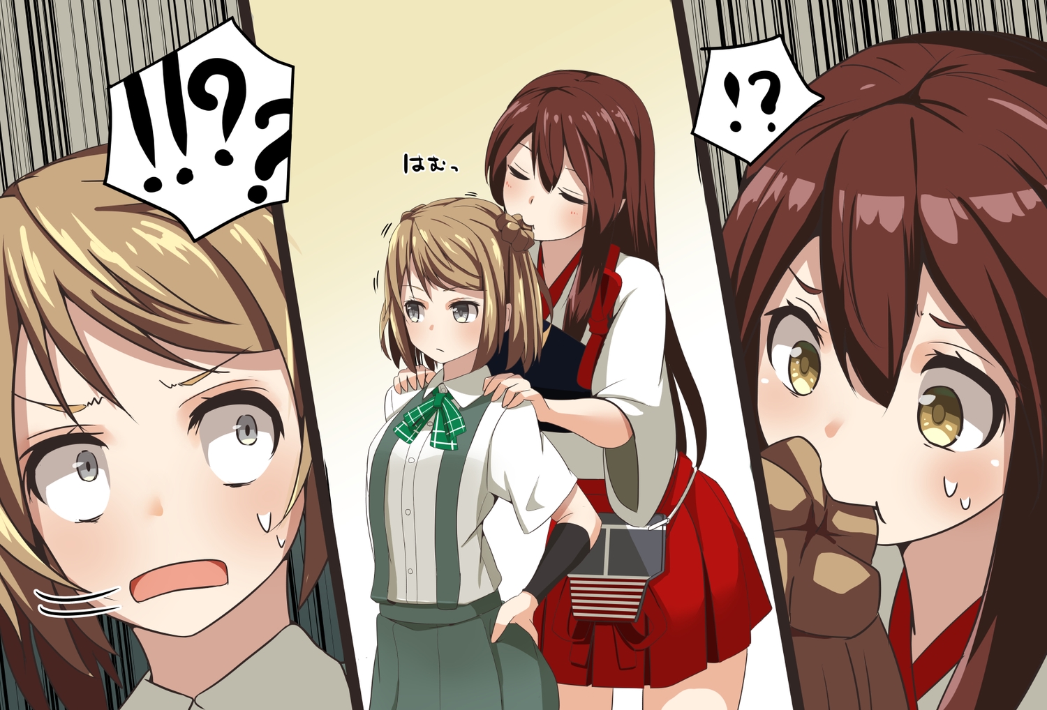 2girls, akagi_(kancolle), anthropomorphism, brown_hair, gray_eyes, japanese_clothes, kantai_collection, long_hair, michishio_(kancolle), negahami, short_hair, skirt