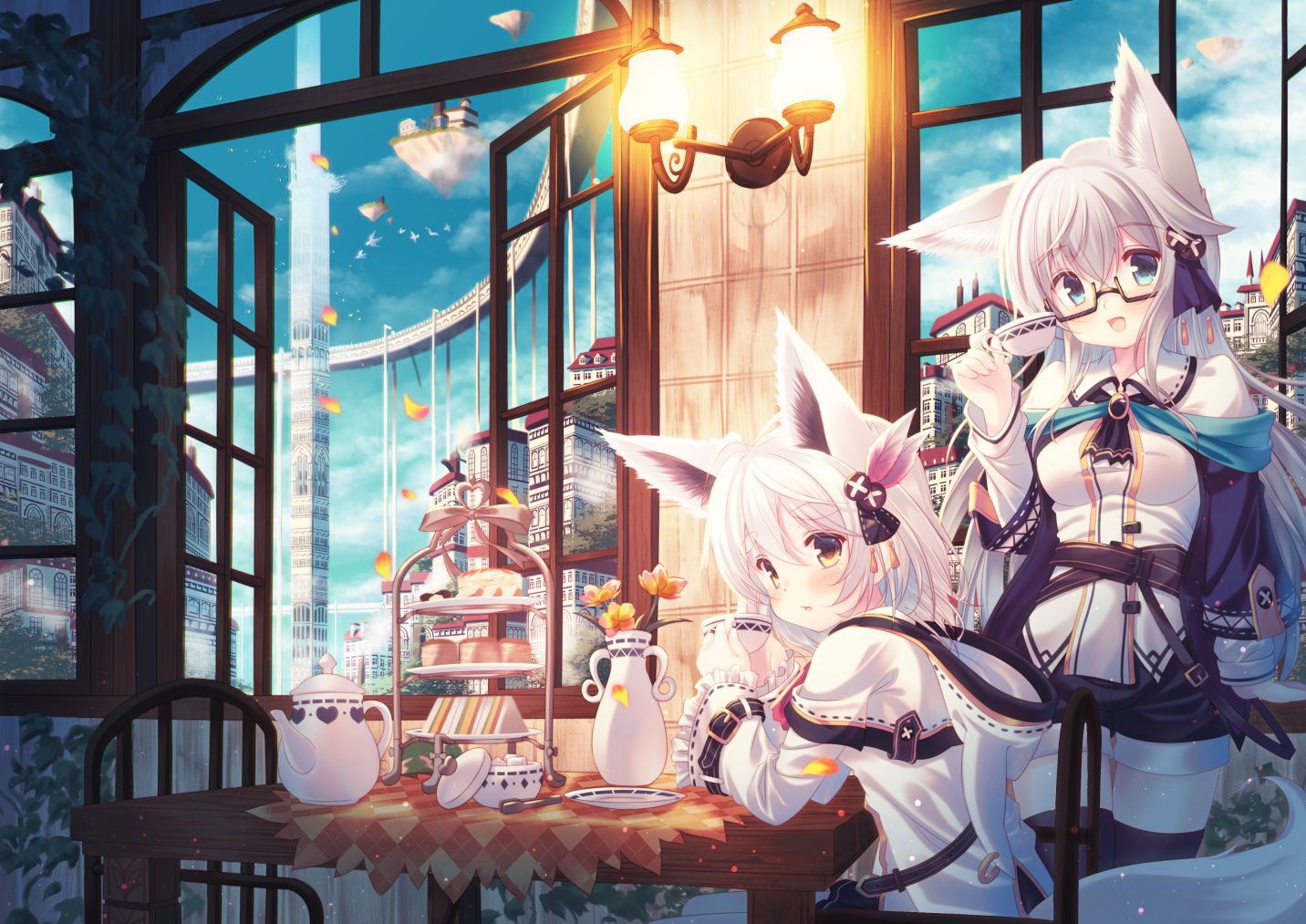 2girls, airship, animal, animal_ears, aqua_eyes, bird, building, cake