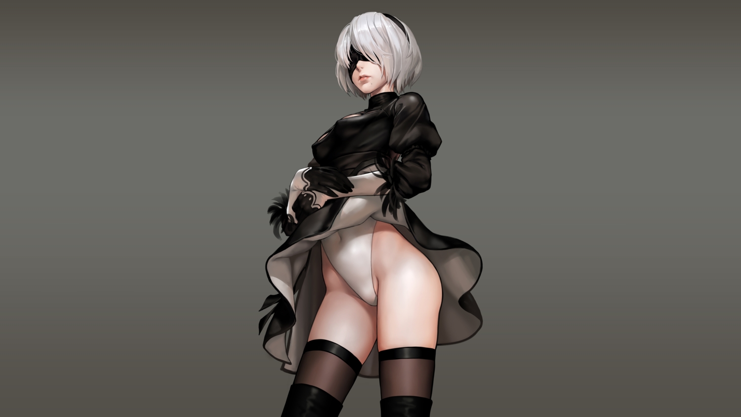 as109, blindfold, breasts, dress, gloves, gradient, gray_hair, headband