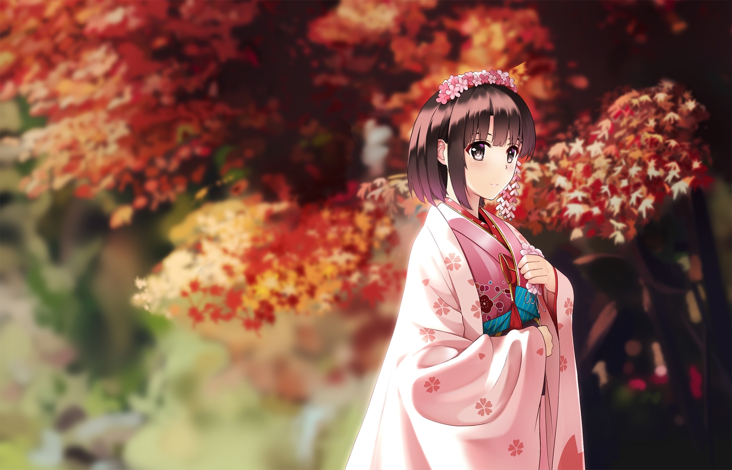 blush, brown_eyes, brown_hair, headdress, japanese_clothes, katou_megumi, rko_(a470350510), saenai_heroine_no_sodatekata