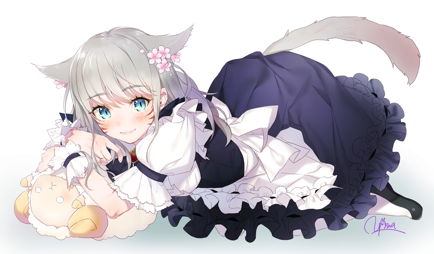 animal_ears, aqua_eyes, blush, catgirl, dress, final_fantasy, final_fantasy_xiv, flowers, gray_hair, maid, miqo'te, short_hair, signed, tail, yana_mori