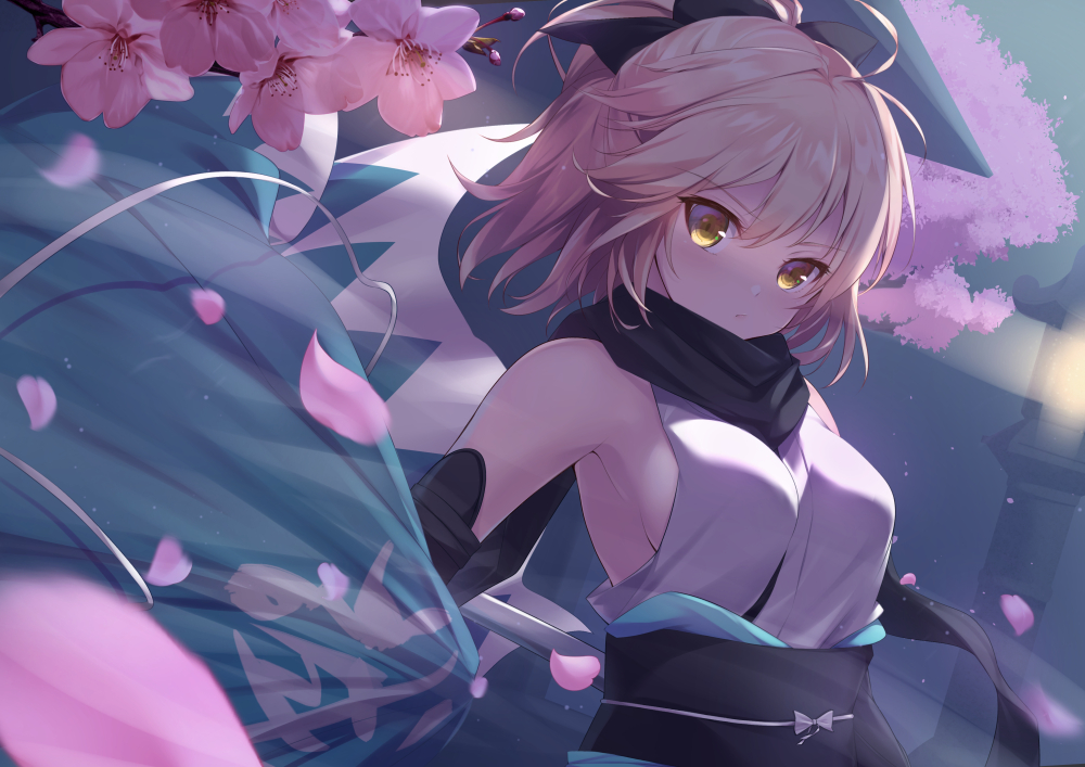 blonde_hair, bow, breasts, cherry_blossoms, fate/grand_order, fate_(series), flowers, gedou_(shigure_seishin), japanese_clothes, okita_souji_(fate), petals, short_hair, sideboob, signed, yellow_eyes