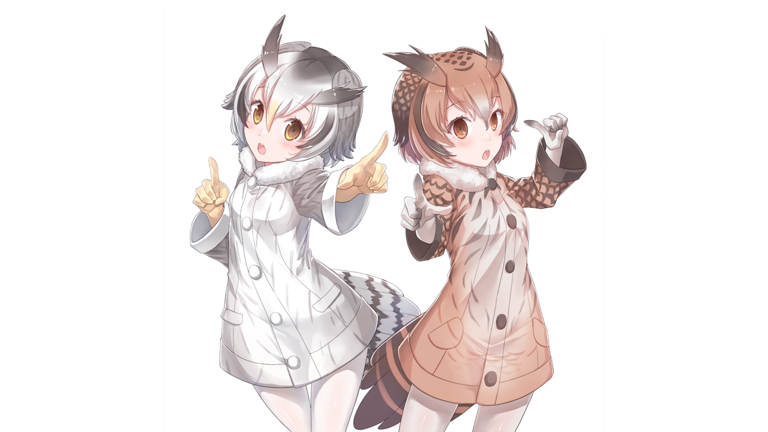 2girls, animal_ears, anthropomorphism, blush, brown_hair, eurasian_eagle-owl_(kemono_friends), gloves, gray_hair
