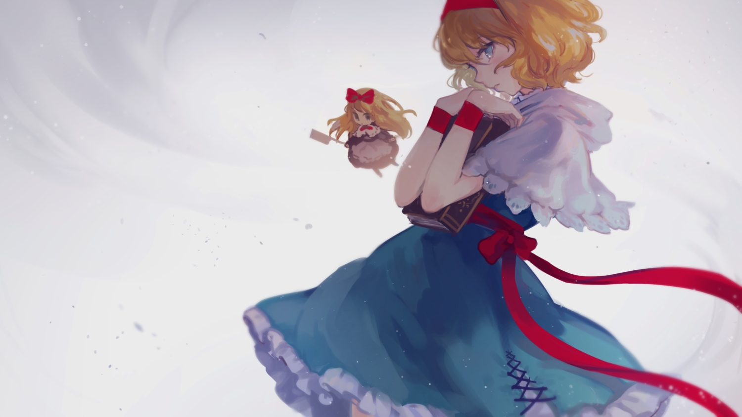 alice_margatroid, aqua_eyes, blonde_hair, book, bow, doll, dress, headband