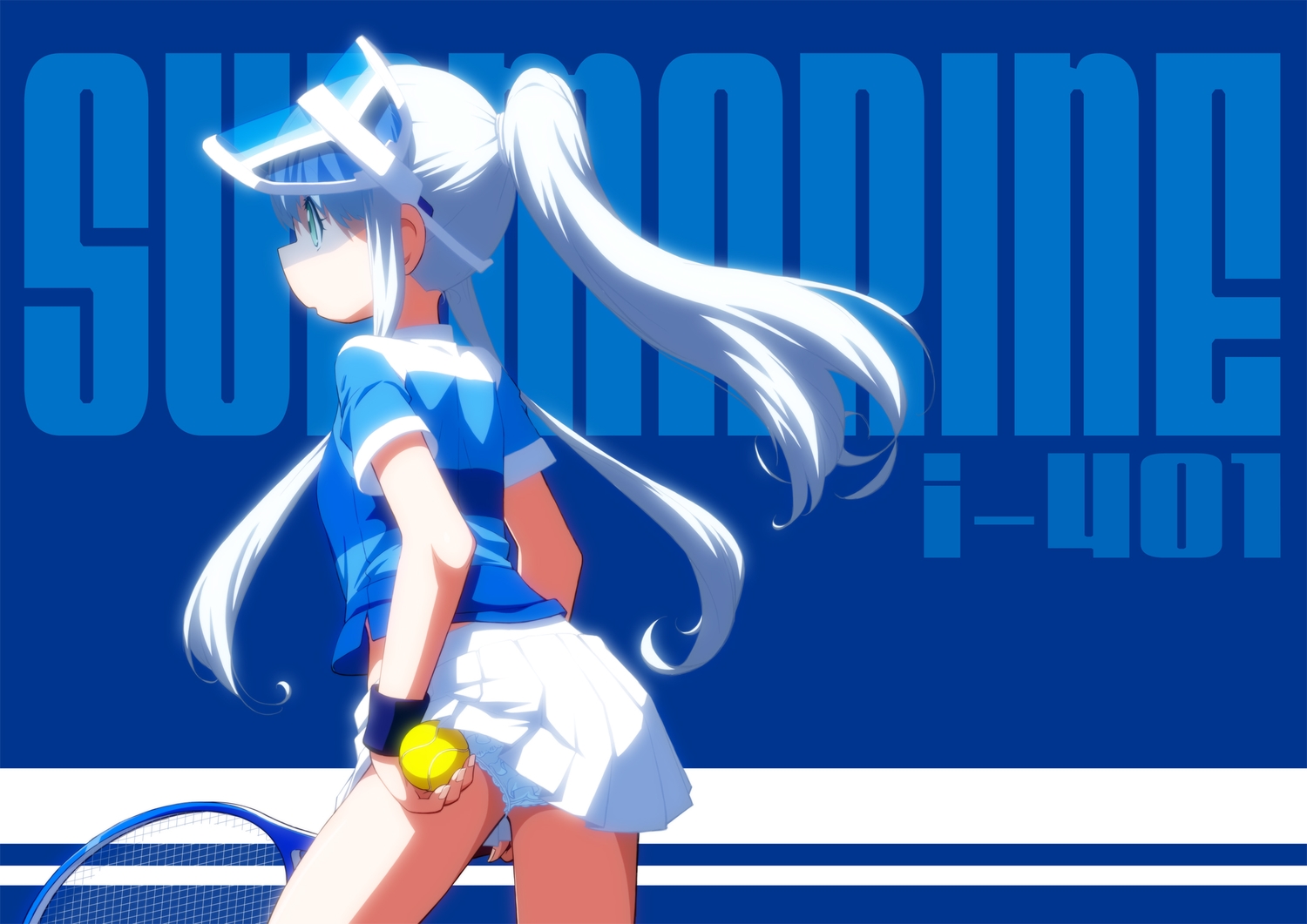 anthropomorphism, aoki_hagane_no_arpeggio, ball, green_eyes, iona_(arpeggio), kamo_3, long_hair, panties, ponytail, skirt, sport, underwear, white_hair