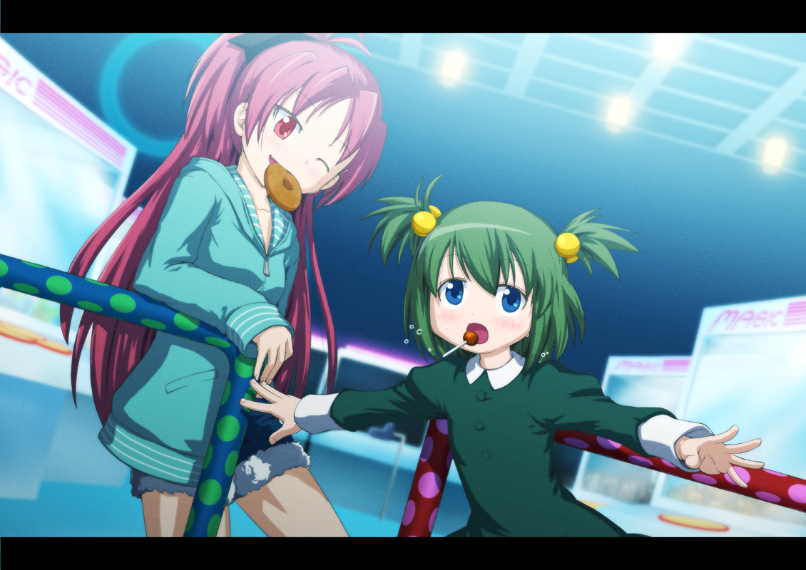 2girls, candy, chitose_yuma, fang, food, green_hair, loli, lollipop