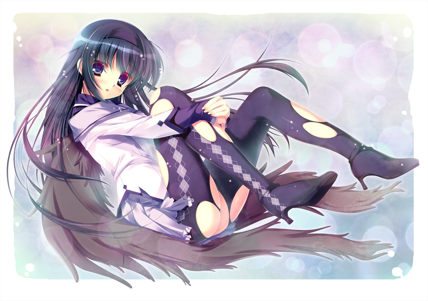 akemi_homura, black_hair, blush, futaori_arisa, headband, long_hair, mahou_shoujo_madoka_magica, pantyhose