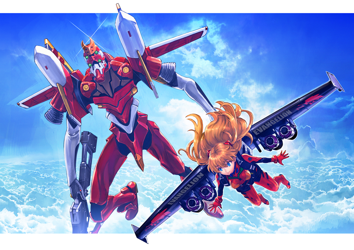 blue_eyes, bodysuit, boyaking, breasts, clouds, eva-02, long_hair, mecha