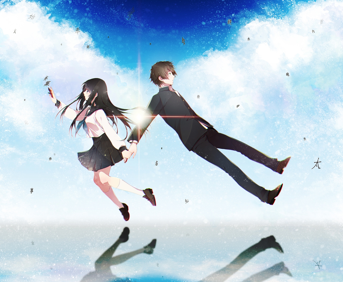black_hair, chitanda_eru, clouds, hyouka, kneehighs, long_hair, male, mirunai