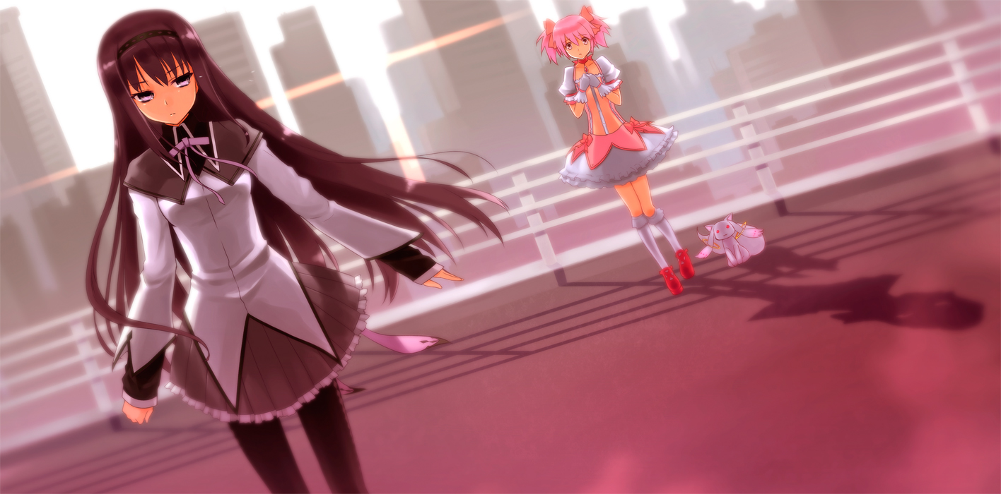 2girls, akemi_homura, black_hair, dress, gloves, kaname_madoka, kneehighs, kyuubee