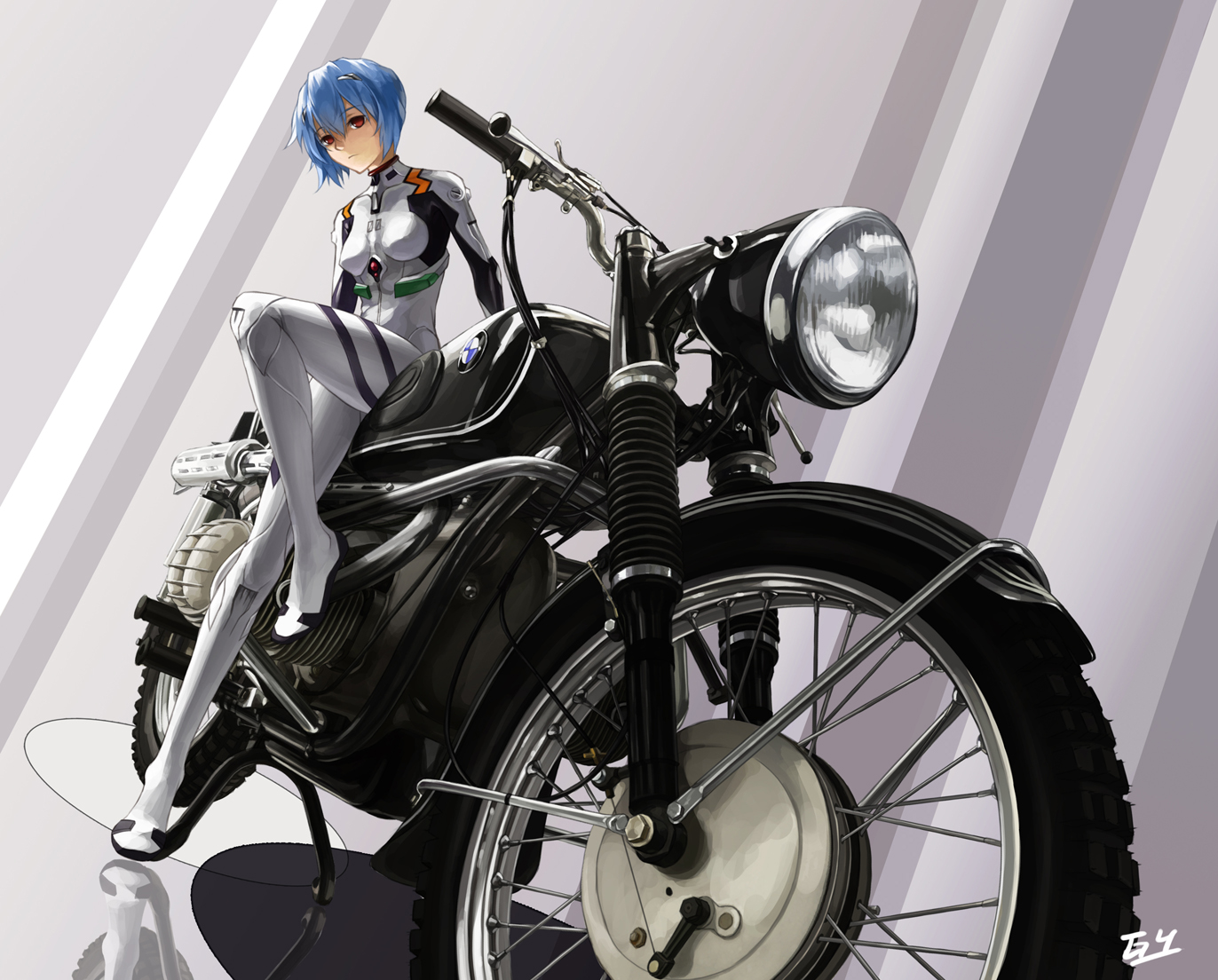 ayanami_rei, blue_hair, bodysuit, gyicarus, motorcycle, neon_genesis_evangelion, red_eyes, short_hair, skintight