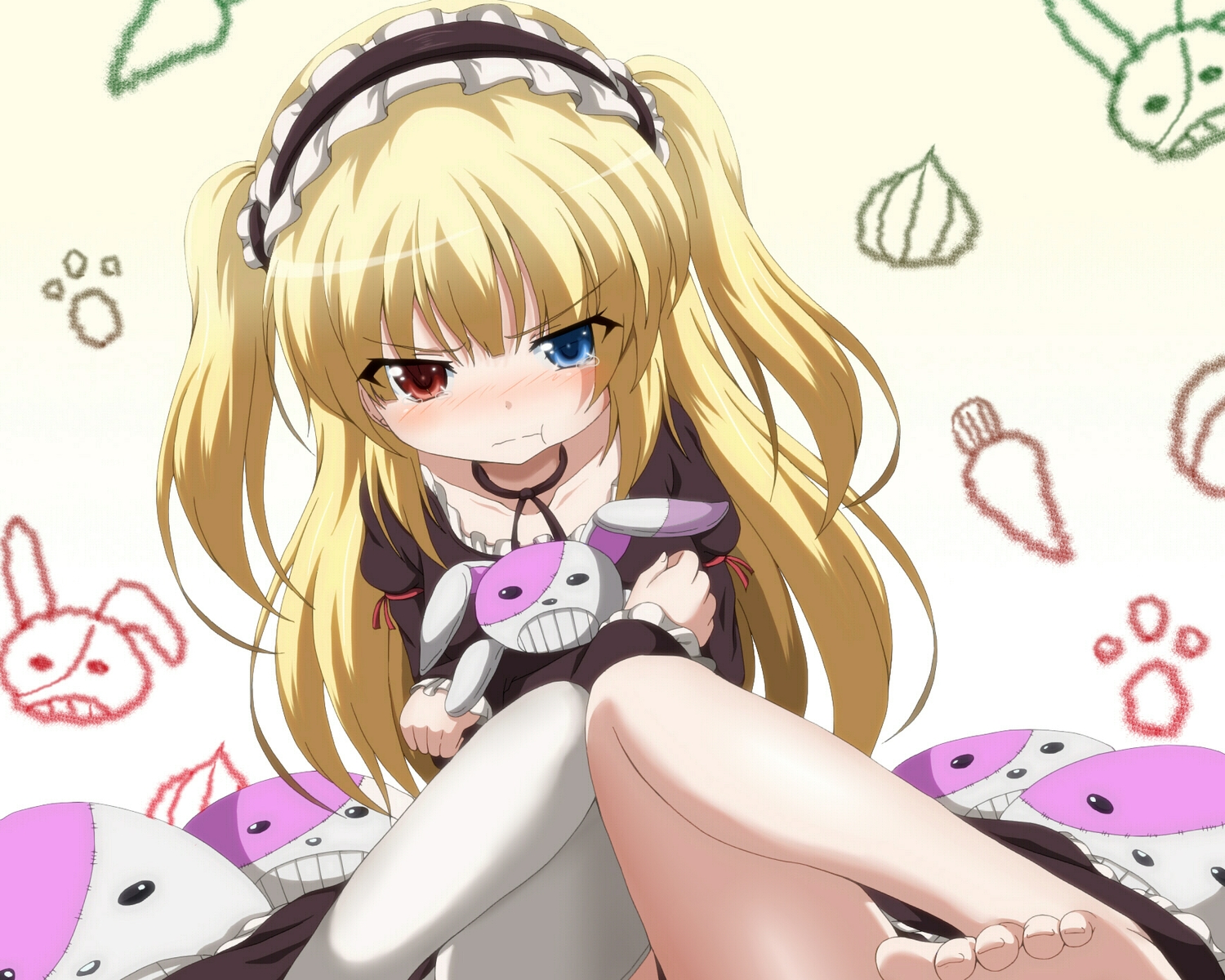 barefoot, bicolored_eyes, boku_wa_tomodachi_ga_sukunai, cropped, dr._cryptoso, dress, goth-loli, hasegawa_kobato, loli, lolita_fashion, tears, thighhighs
