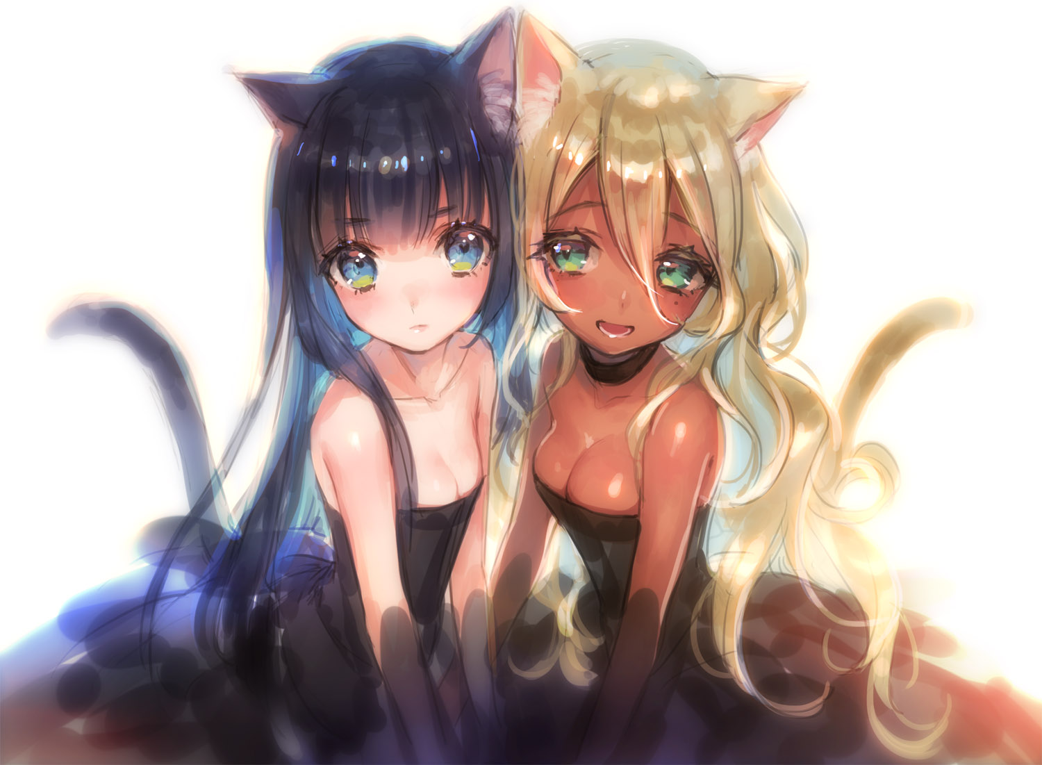 2girls, animal_ears, black_hair, blonde_hair, blue_eyes, blush, breasts, catgirl, choker, cleavage, dark_skin, dress, green_eyes, long_hair, original, tail, yamori_(stom)