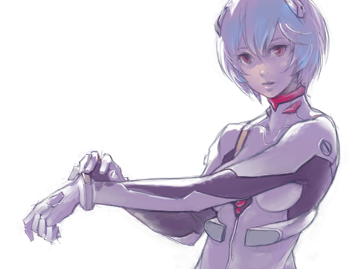 ayanami_rei, blue_hair, bodysuit, breasts, neon_genesis_evangelion, pink_eyes, risa_hibiki, short_hair, white