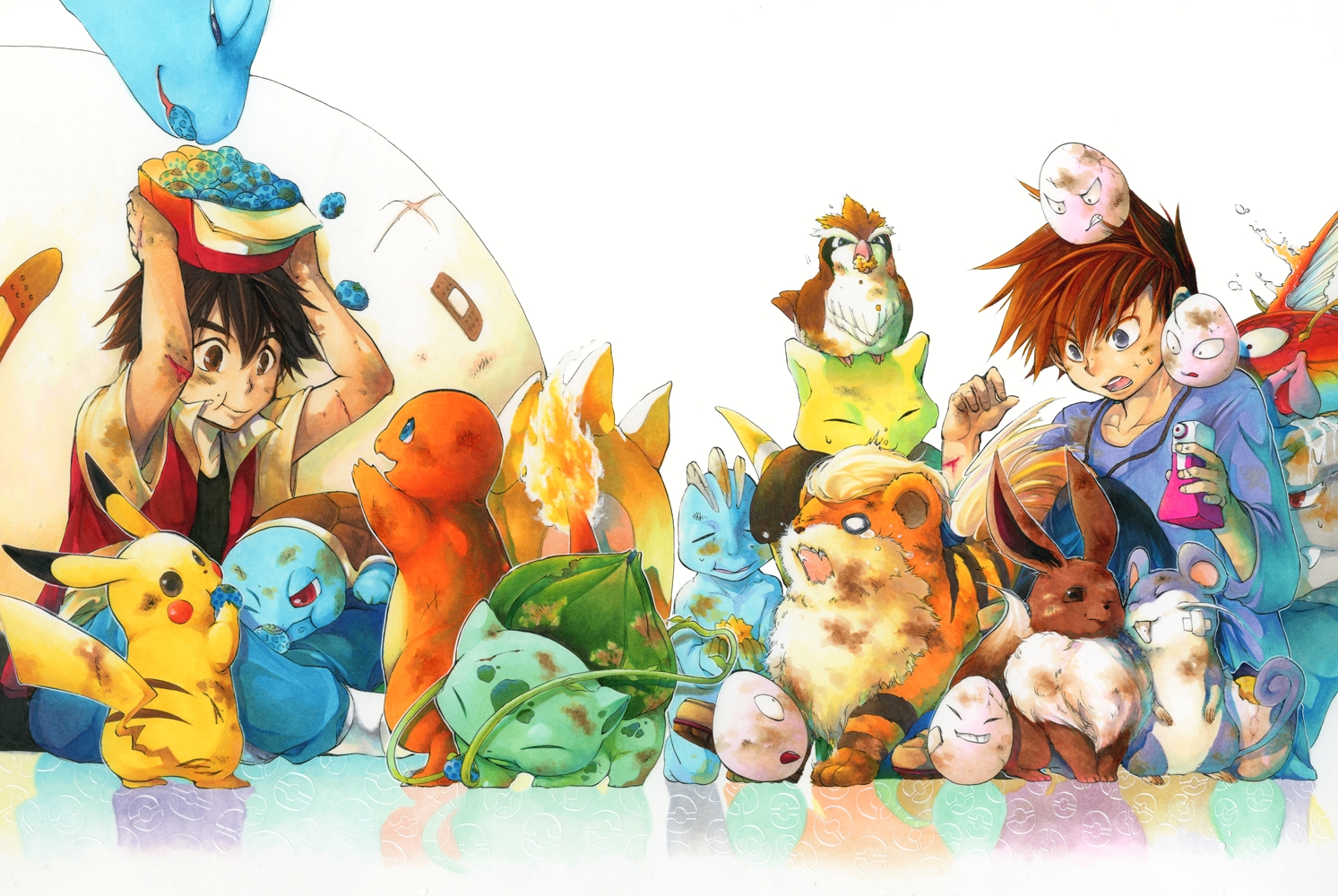 abra, all_male, bandage, bandaid, brown_eyes, brown_hair, bulbasaur, charmander