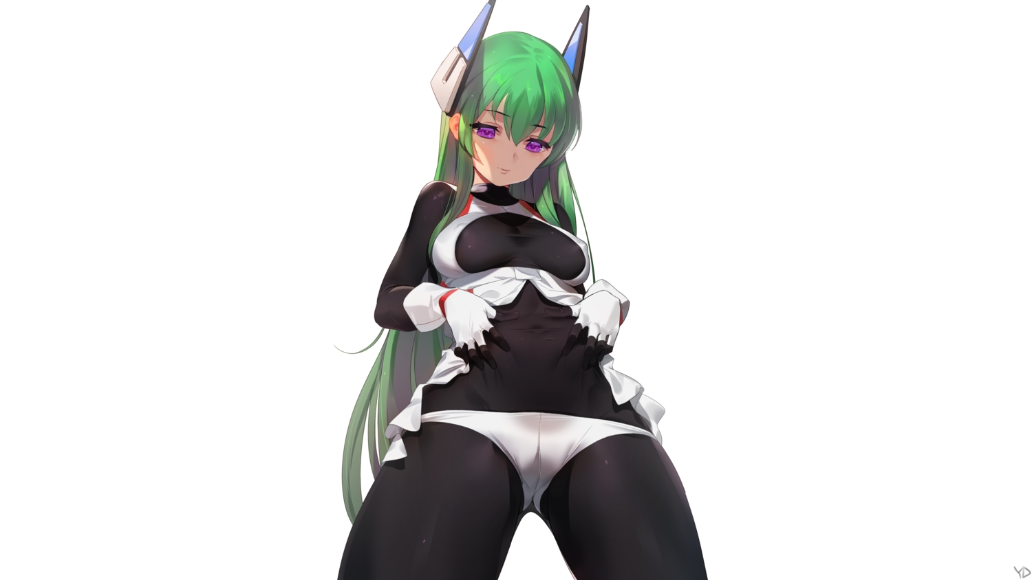bodysuit, breasts, cropped, erect_nipples, gloves, green_hair, headphones, long_hair, menou_kaname, original, pink_eyes, signed, skintight, white, yang-do