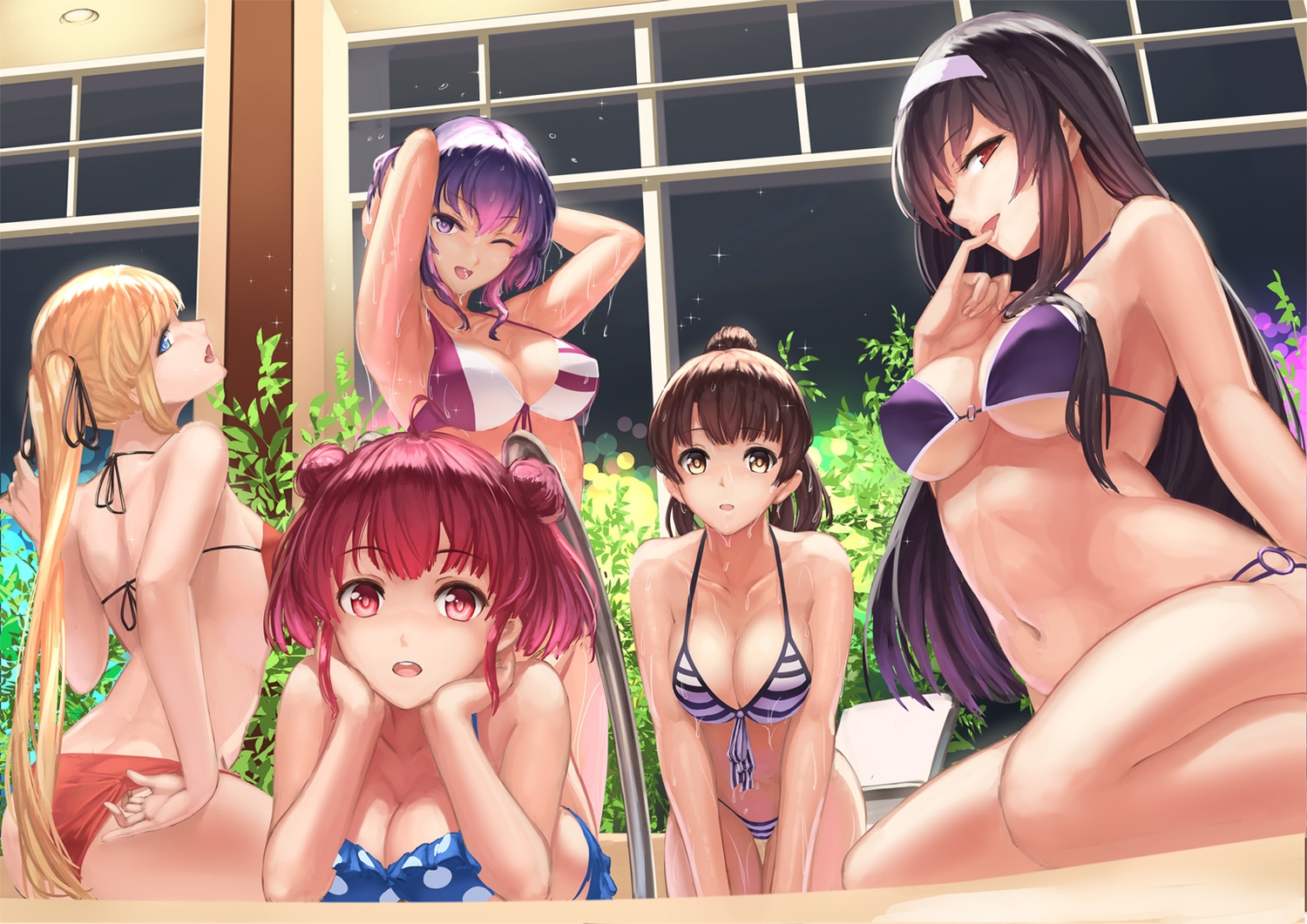 ass, bikini, black_hair, blue_eyes, breasts, brown_eyes, brown_hair, ccjn, cleavage, group, hashima_izumi, headband, hyoudou_michiru, jpeg_artifacts, kasumigaoka_utaha, katou_megumi, long_hair, navel, pink_eyes, pink_hair, red_eyes, red_hair, ribbons, saenai_heroine_no_sodatekata, sawamura_spencer_eriri, short_hair, swimsuit, twintails, wet, wink