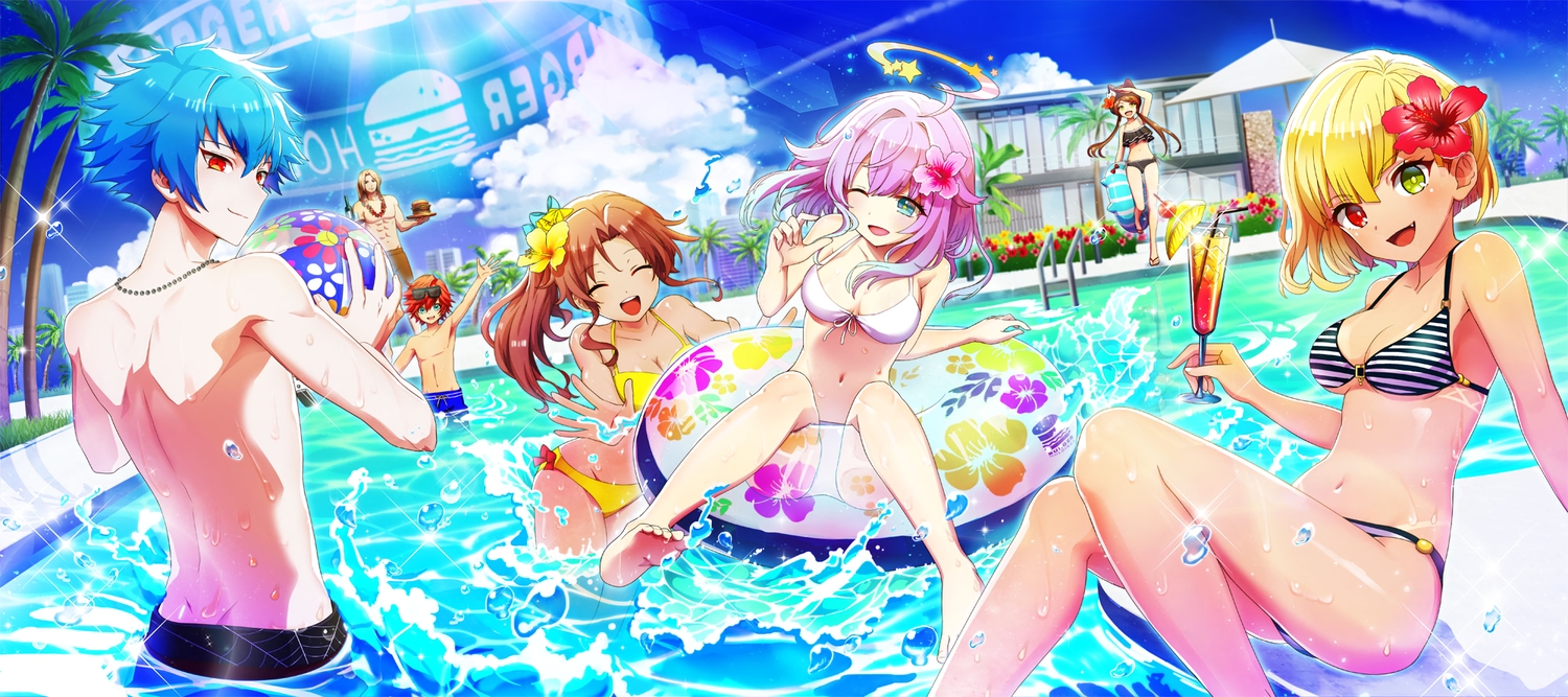 animal_ears, aqua_eyes, ball, bicolored_eyes, bikini, blonde_hair, blue_hair, breasts