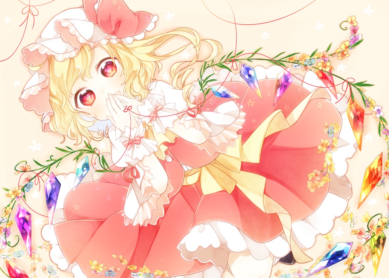 blonde_hair, blush, bow, dress, flandre_scarlet, flowers, hat, red_eyes, ribbons, short_hair, toadstool_(natadekoko), touhou, wings
