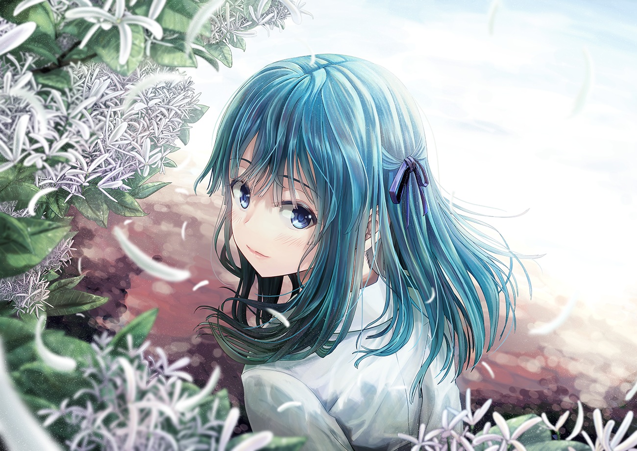 blue_eyes, blush, flowers, long_hair, original, ribbons, windfeathers