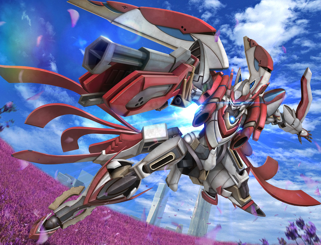 building, city, clouds, flowers, hiropon_(tasogare_no_puu), majestic_prince, mecha, petals
