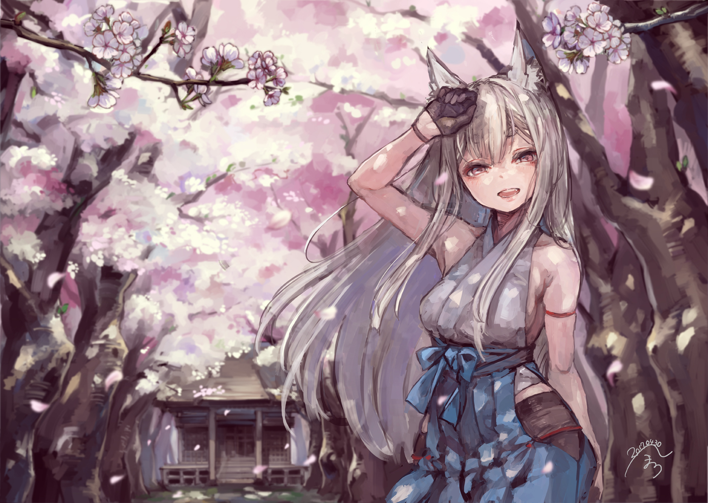 animal_ears, cherry_blossoms, flowers, foxgirl, gray_hair, long_hair, original, petals