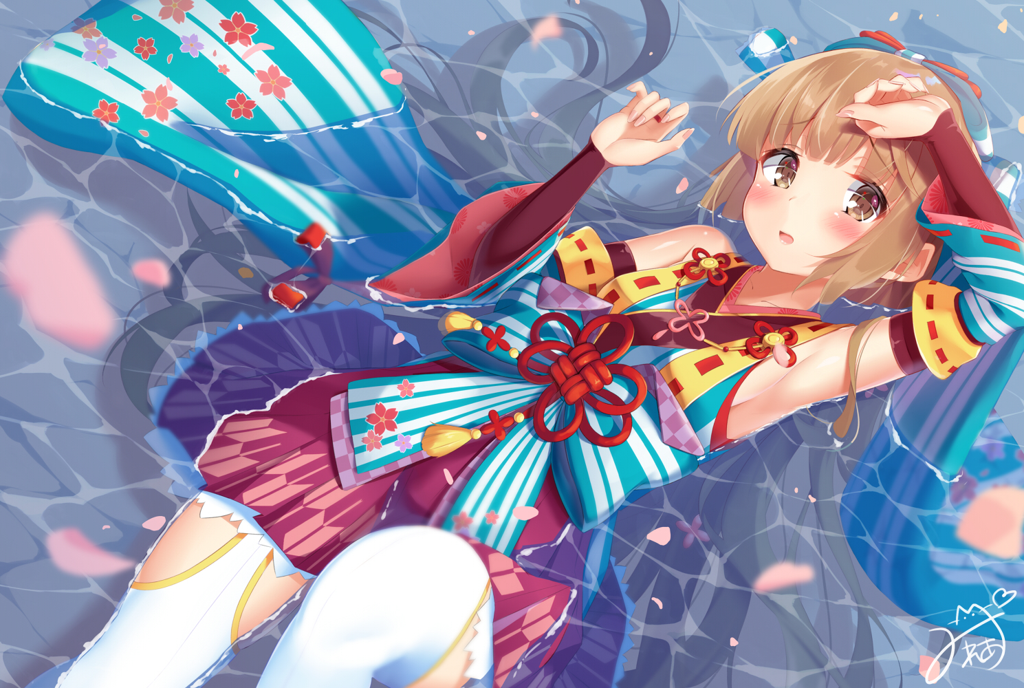 blush, brown_eyes, brown_hair, idolmaster, idolmaster_cinderella_girls, idolmaster_cinderella_girls_starlight_stage, japanese_clothes, long_hair, mirea, petals, signed, water, yorita_yoshino