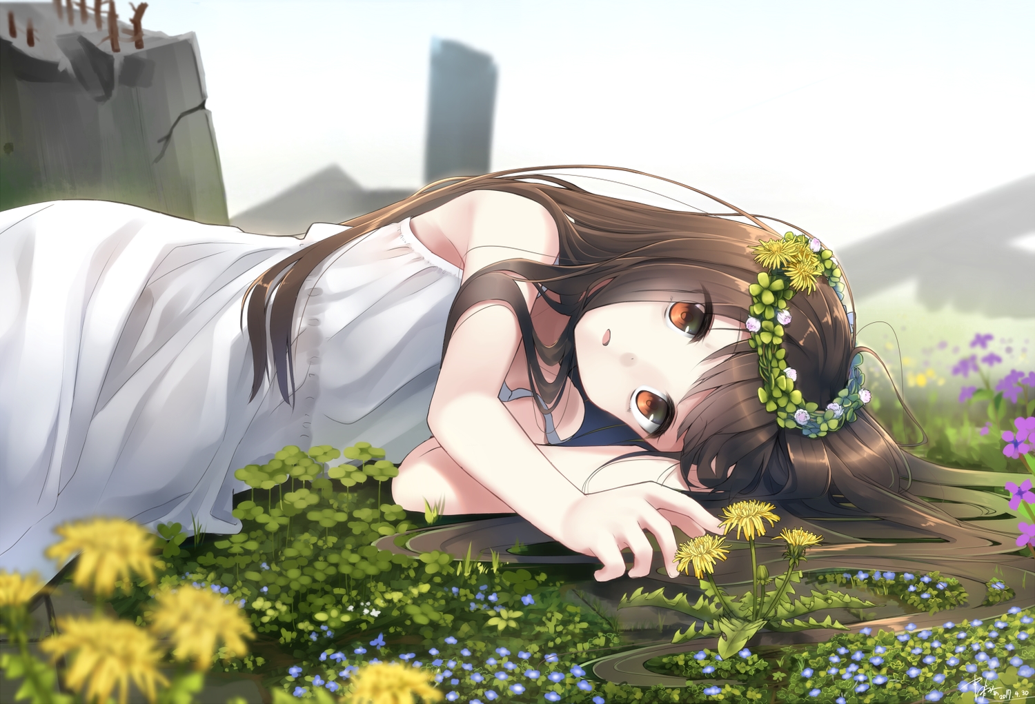 brown_eyes, brown_hair, dress, flowers, long_hair, makadamixa, original, summer_dress