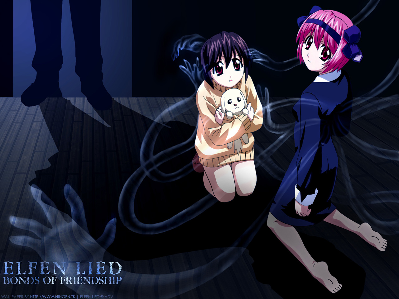 animal, dark, dog, elfen_lied, mayu_(elfen_lied), nana_(elfen_lied), pink_hair, red_eyes, short_hair