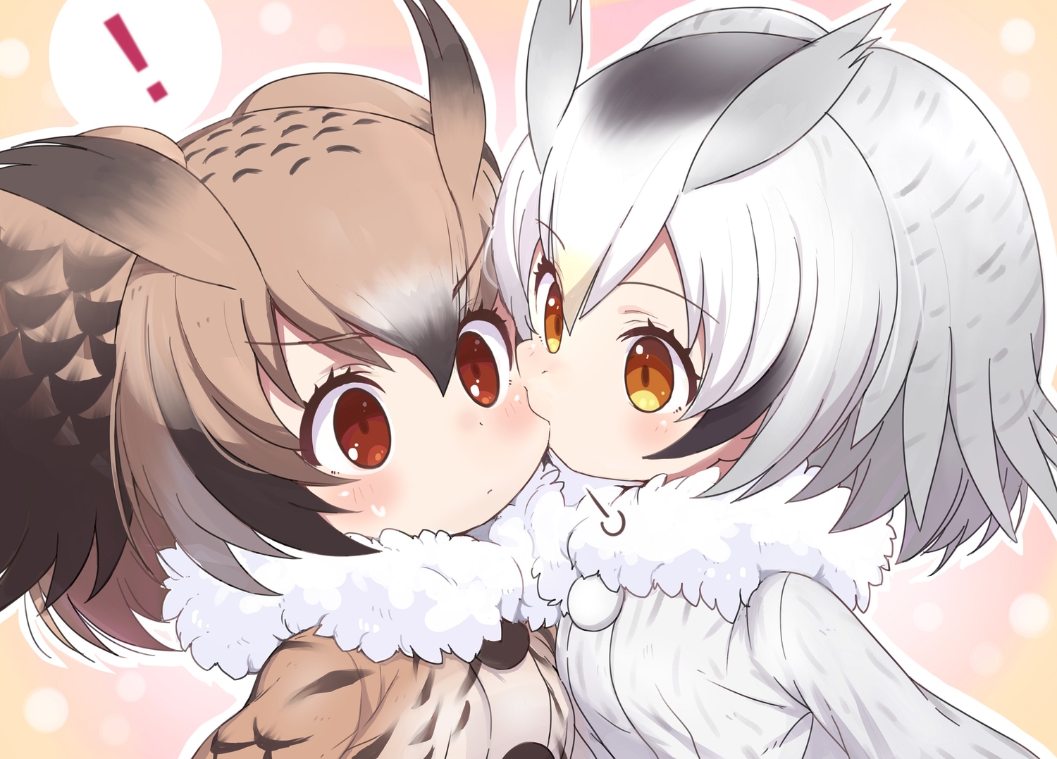 2girls, animal_ears, anthropomorphism, blush, brown_eyes, brown_hair, eurasian_eagle-owl_(kemono_friends), gray_hair, kemono_friends, northern_white-faced_owl_(kemono_friends), orange_eyes, rance-san, short_hair