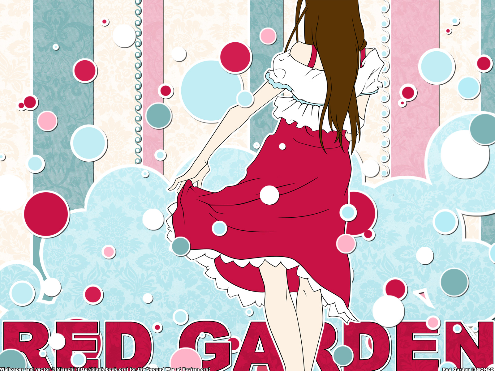 brown_hair, bubbles, dress, misuchi, red_garden