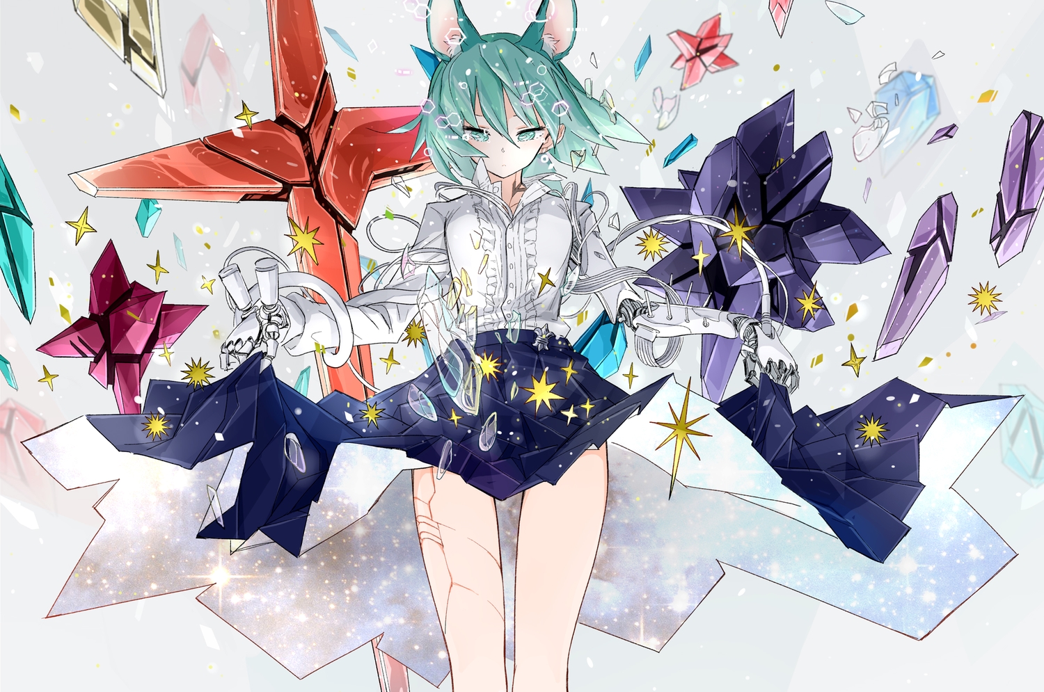 animal_ears, aqua_eyes, aqua_hair, arakawa_(aintnoroom), original, robot, techgirl