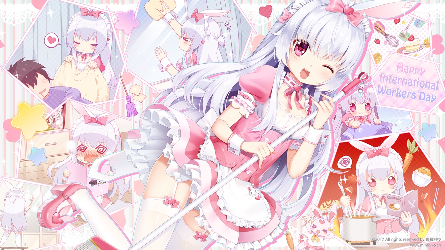 animal_ears, book, bow, breasts, bunny_ears, bunnygirl, cat_smile, dress, garter_belt, gray_hair, long_hair, maid, mimikko_ui, momona_(mvv), mvv, pink_eyes, ribbons, wink