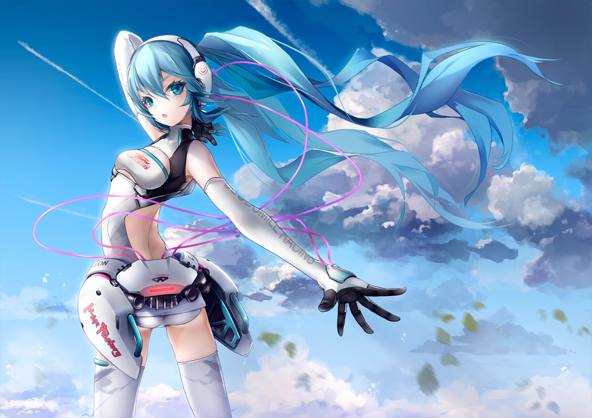 ajigo, aqua_eyes, aqua_hair, ass, breasts, clouds, elbow_gloves, gloves