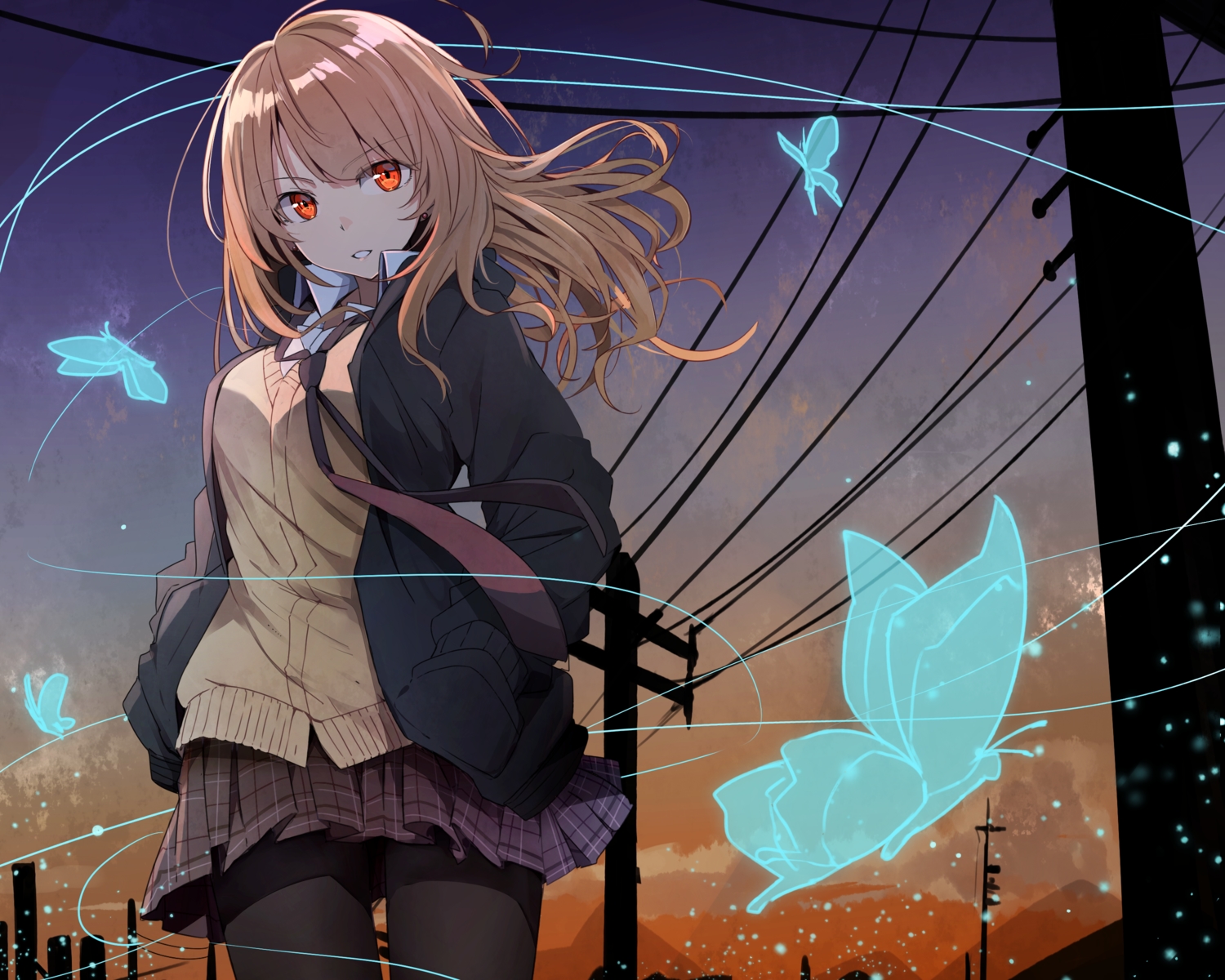 blonde_hair, butterfly, cropped, kazenoko, long_hair, orange_eyes, original, pantyhose
