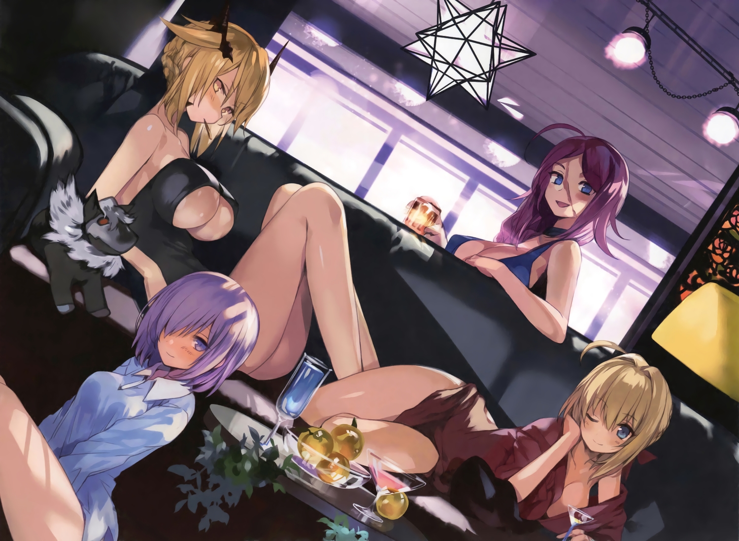 aqua_eyes, artoria_pendragon_(all), artoria_pendragon_(lancer)_alter, blonde_hair, braids, couch, drink, fate/grand_order, fate_(series), francis_drake_(fate), group, long_hair, mash_kyrielight, nero_claudius_(fate), purple_eyes, purple_hair, saber, scan, short_hair, tagme_(artist), wink, yellow_eyes