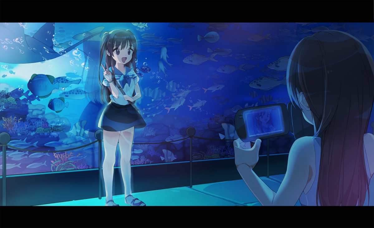 2girls, adcd, animal, blue, brown_hair, camera, dark, fish