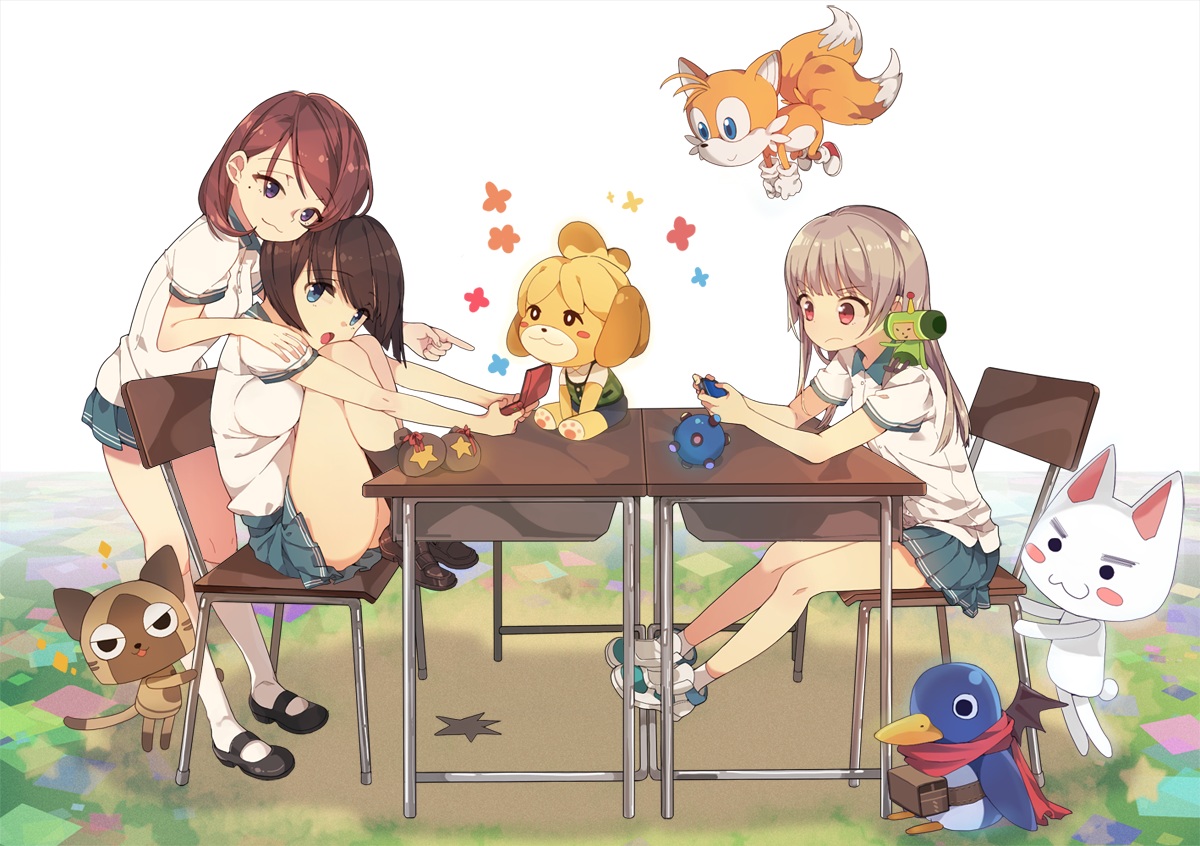 adcd, animal, aqua_eyes, bird, brown_hair, cat, crossover, disgaea