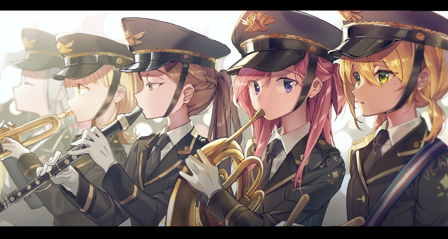adcd, blonde_hair, braids, gloves, group, hat, instrument, long_hair